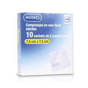 Alvita Compresses Stériles Non-tissées 7,5x7,5cm boîte de 10 sachets comprenant 2 compresses