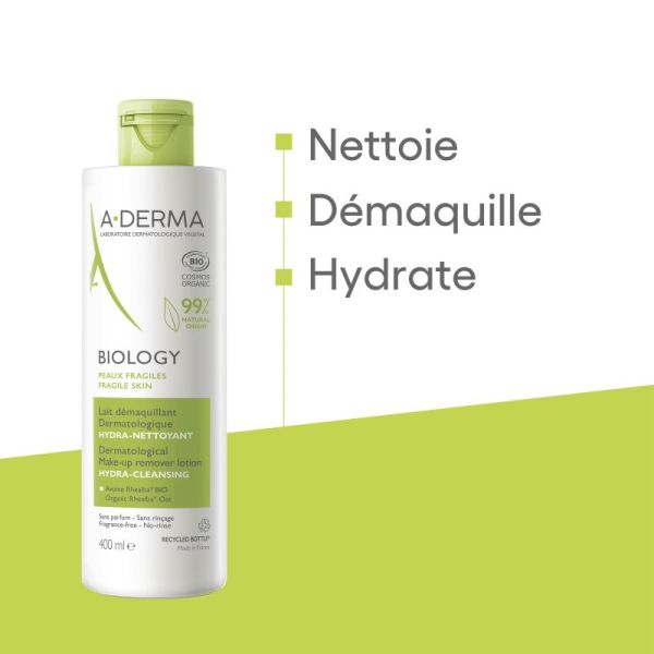 A-DERMA BIOLOGY Lait démaquillant dermatologique hydra-nettoyant 400mL