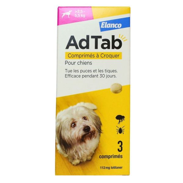 AdTab 112mg traitement puces et tiques chien 2,5 à 5,5kg 3 comprimés