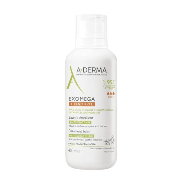 A-Derma - Exomega Control - Baume émollient anti-démangeaisons - Peaux sèches à tendance à l'eczéma atopique 400mL