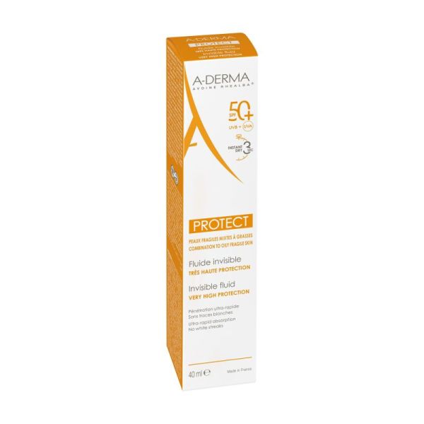 A-derma PROTECT Fluide Invisible protection solaire Spf50+ 40ml